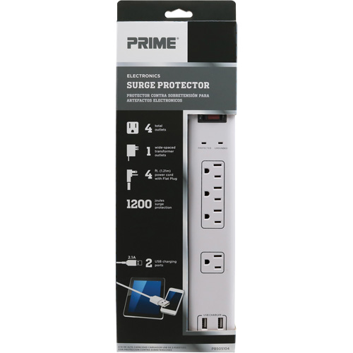 Limiteurs de surtension avec chargeur USB, 4 Prises, 1200 J, 1875 W, Cordon 4' Duraquip Inc