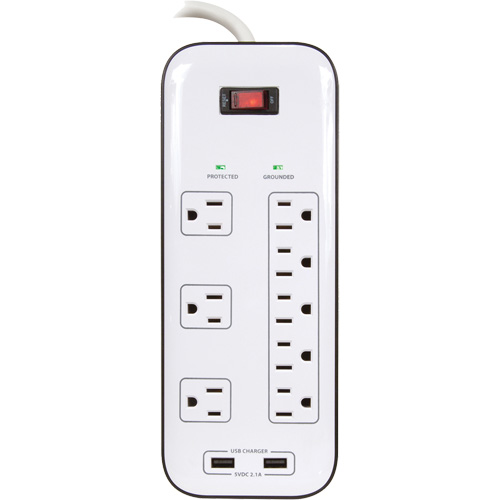 Limiteurs de surtension avec chargeur USB, 8 Prises, 2400 J, 1875 W, Cordon 6' Duraquip Inc