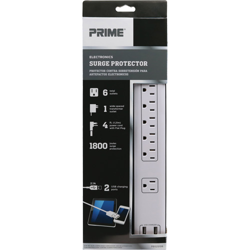 Limiteurs de surtension avec chargeur USB, 6 Prises, 1800 J, 1875 W, Cordon 4' Duraquip Inc