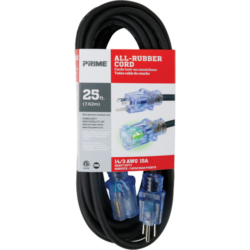 All-Rubber Extension Cord, Outdoor, SJOOW, 14/3 AWG, 15 A, 25' Duraquip Inc