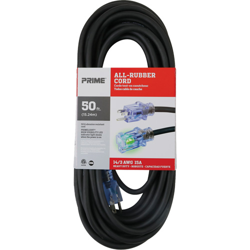 All-Rubber Extension Cord, Outdoor, SJOOW, 14/3 AWG, 15 A, 50' Duraquip Inc