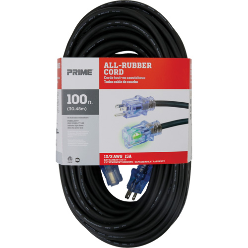 Cordon rallonge All-Rubber, Ext&eacute;rieur, SJOOW, AWG 12/3, 15 A, 100' Duraquip Inc