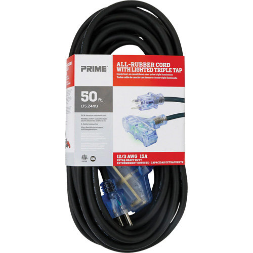 Cordon rallonge All-Rubber, Ext&eacute;rieur, SJOOW, AWG 12/3, 15 A, 3 prise(s), 50' Duraquip Inc