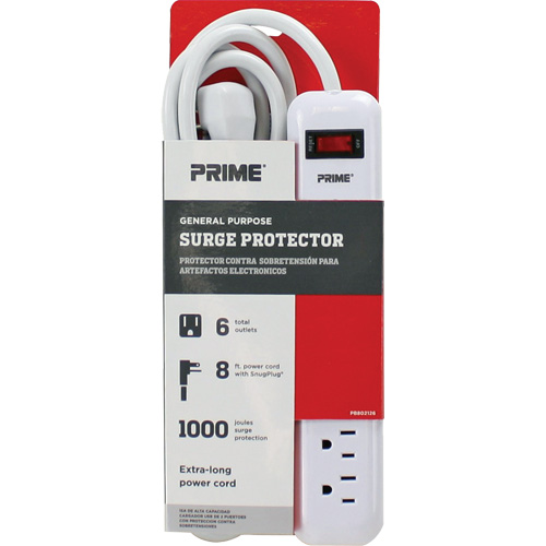 Surge Protector, 6 Outlets, 1000 J, 1875 W, 8' Cord Duraquip Inc