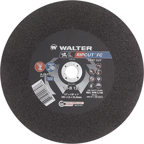 Ripcut Stainless Steel & Steel Cut-Off Wheel for Stationary Saws, 12" x 1/8", 1" Arbor, Type 1, Aluminum Oxide, 5100 RPM Duraquip Inc