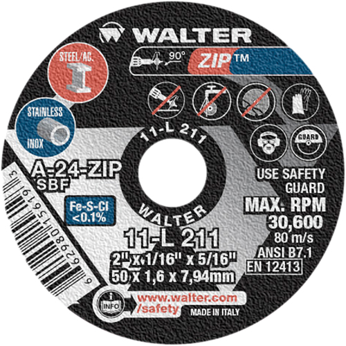 Meule &agrave; tronçonner Zip, 2" x 1/16", Arbre de 5/16", Type 1, Oxyde d'aluminium, 5100 Tr/min Duraquip Inc