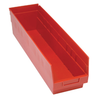 Store More Plastic Shelf Bins, 6-5/8" W x 6" H x 23-5/8" D, Red, 90 lbs. Capacity Duraquip Inc