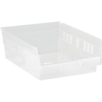 Shelf Bins, 8-3/8" W x 4" H x 11-5/8" D, Clear, 30 lbs. Capacity Duraquip Inc