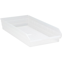 Shelf Bins, 11-1/8" W x 4" H x 23-5/8" D, Clear, 50 lbs. Capacity Duraquip Inc