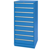 Drawer Cabinets, 9 Drawers, 28-1/4" W x 28-1/2" D x 59-1/2" H, Bright blue Duraquip Inc