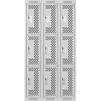 Clean Line Lockers, 3 -tier, Bank of 3, 36" x 12" x 72", Steel, Grey, Rivet (Assembled), Perforated Duraquip Inc