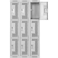 Clean Line Lockers, 3 -tier, Bank of 3, 36" x 12" x 72", Steel, Grey, Rivet (Assembled), Perforated Duraquip Inc