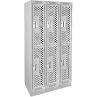 Clean Line Lockers, 2 -tier, Bank of 3, 36" x 15" x 76", Steel, Grey, Rivet (Assembled), Perforated Duraquip Inc