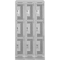 Clean Line Lockers, 3 -tier, Bank of 3, 36" x 18" x 82", Steel, Grey, Rivet (Assembled), Perforated Duraquip Inc