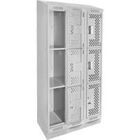 Clean Line Lockers, 3 -tier, Bank of 3, 36" x 18" x 82", Steel, Grey, Rivet (Assembled), Perforated Duraquip Inc