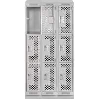 Clean Line Lockers, 3 -tier, Bank of 3, 36" x 18" x 82", Steel, Grey, Rivet (Assembled), Perforated Duraquip Inc