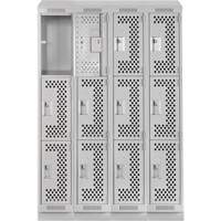 Clean Line Lockers, 3 -tier, Bank of 4, 48" x 18" x 82", Steel, Grey, Rivet (Assembled), Perforated Duraquip Inc