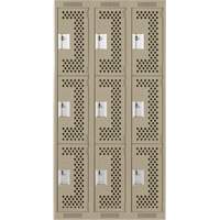 Clean Line Lockers, 3 -tier, Bank of 3, 36" x 12" x 72", Steel, Beige, Rivet (Assembled), Perforated Duraquip Inc