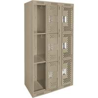 Clean Line Lockers, 3 -tier, Bank of 3, 36" x 12" x 72", Steel, Beige, Rivet (Assembled), Perforated Duraquip Inc