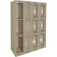Clean Line Lockers, 3 -tier, Bank of 4, 48" x 12" x 72", Steel, Beige, Rivet (Assembled), Perforated Duraquip Inc