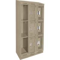 Clean Line Lockers, 3 -tier, Bank of 3, 36" x 18" x 82", Steel, Beige, Rivet (Assembled), Perforated Duraquip Inc