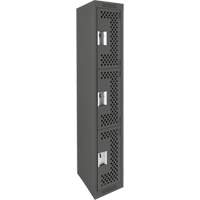 Clean Line Lockers, 3 -tier, 12" x 12" x 72", Steel, Charcoal, Rivet (Assembled), Perforated Duraquip Inc
