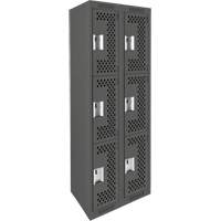 Clean Line Lockers, 3 -tier, Bank of 2, 24" x 12" x 72", Steel, Charcoal, Rivet (Assembled), Perforated Duraquip Inc