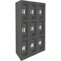 Clean Line Lockers, 3 -tier, Bank of 3, 36" x 12" x 72", Steel, Charcoal, Rivet (Assembled), Perforated Duraquip Inc