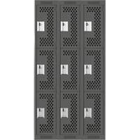 Clean Line Lockers, 3 -tier, Bank of 3, 36" x 12" x 72", Steel, Charcoal, Rivet (Assembled), Perforated Duraquip Inc