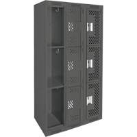 Clean Line Lockers, 3 -tier, Bank of 3, 36" x 12" x 72", Steel, Charcoal, Rivet (Assembled), Perforated Duraquip Inc