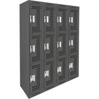 Clean Line Lockers, 3 -tier, Bank of 4, 48" x 12" x 72", Steel, Charcoal, Rivet (Assembled), Perforated Duraquip Inc