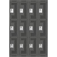 Clean Line Lockers, 3 -tier, Bank of 4, 48" x 12" x 72", Steel, Charcoal, Rivet (Assembled), Perforated Duraquip Inc