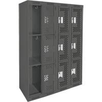 Clean Line Lockers, 3 -tier, Bank of 4, 48" x 12" x 72", Steel, Charcoal, Rivet (Assembled), Perforated Duraquip Inc