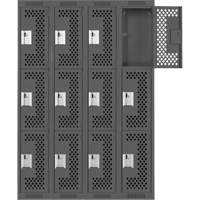 Clean Line Lockers, 3 -tier, Bank of 4, 48" x 12" x 72", Steel, Charcoal, Rivet (Assembled), Perforated Duraquip Inc