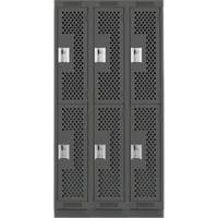Clean Line Lockers, 2 -tier, Bank of 3, 36" x 15" x 76", Steel, Charcoal, Rivet (Assembled), Perforated Duraquip Inc
