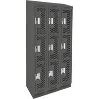 Clean Line Lockers, 3 -tier, Bank of 3, 36" x 18" x 82", Steel, Charcoal, Rivet (Assembled), Perforated Duraquip Inc