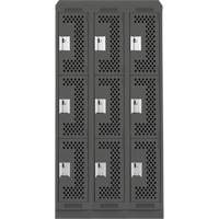 Clean Line Lockers, 3 -tier, Bank of 3, 36" x 18" x 82", Steel, Charcoal, Rivet (Assembled), Perforated Duraquip Inc
