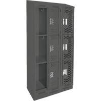 Clean Line Lockers, 3 -tier, Bank of 3, 36" x 18" x 82", Steel, Charcoal, Rivet (Assembled), Perforated Duraquip Inc