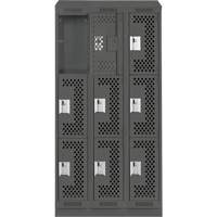 Clean Line Lockers, 3 -tier, Bank of 3, 36" x 18" x 82", Steel, Charcoal, Rivet (Assembled), Perforated Duraquip Inc