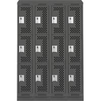 Clean Line Lockers, 3 -tier, Bank of 4, 48" x 18" x 82", Steel, Charcoal, Rivet (Assembled), Perforated Duraquip Inc