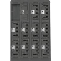 Clean Line Lockers, 3 -tier, Bank of 4, 48" x 18" x 82", Steel, Charcoal, Rivet (Assembled), Perforated Duraquip Inc