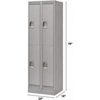 Lockers, 2 -tier, Bank of 2, 24" x 18" x 76", Steel, Grey, Knocked Down Duraquip Inc