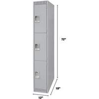 Lockers, 3 -tier, 12" x 18" x 72", Steel, Grey, Knocked Down Duraquip Inc