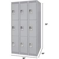 Lockers, 3 -tier, Bank of 3, 36" x 18" x 72", Steel, Grey, Knocked Down Duraquip Inc