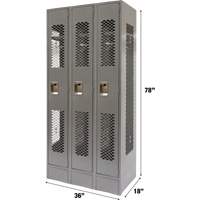 Vented Lockers, Bank of 3, 36 x 18" x 78", Steel, Grey, Knocked Down, Perforated Duraquip Inc