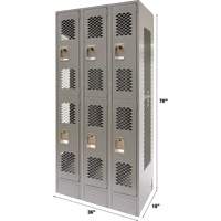 Vented Lockers, 2 -tier, Bank of 3, 36 x 18" x 78", Steel, Grey, Knocked Down, Perforated Duraquip Inc