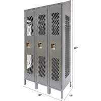 Vented Lockers, Bank of 3, 36 x 18" x 88", Steel, Grey, Knocked Down, Perforated Duraquip Inc
