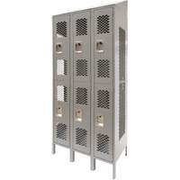 Vented Lockers, 2 -tier, Bank of 3, 36 x 18" x 88", Steel, Grey, Knocked Down, Perforated Duraquip Inc