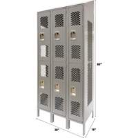 Vented Lockers, 2 -tier, Bank of 3, 36 x 18" x 88", Steel, Grey, Knocked Down, Perforated Duraquip Inc