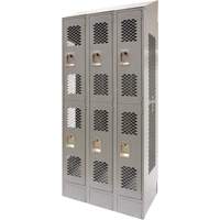 Vented Lockers, 2 -tier, Bank of 3, 36 x 18" x 88", Steel, Grey, Knocked Down, Perforated Duraquip Inc